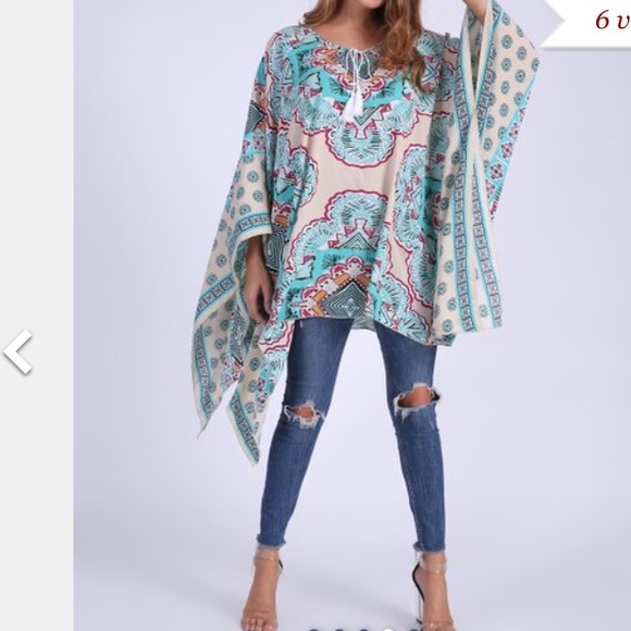 NWT WHITE & TEAL GEOMETRIC DOLMAN TOP 1x - Picture 4 of 4